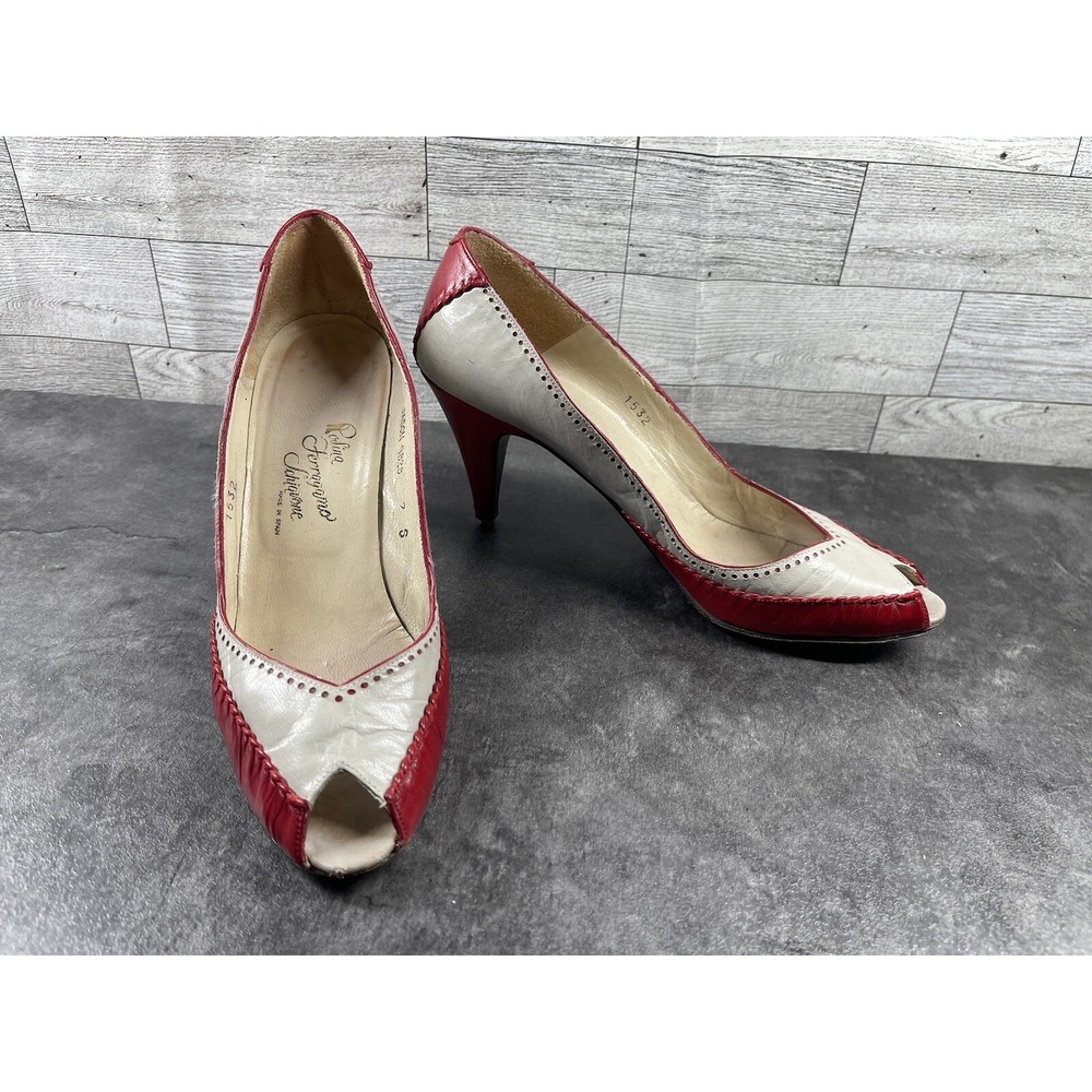 Polina Ferragamo Jason Heels Womens 7 S Red Beige Leather Peep Toe Pumps Italy